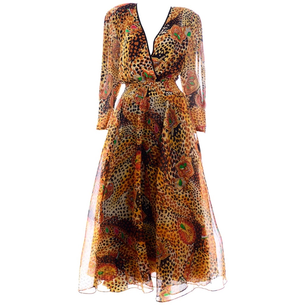 Diane Freis Leopard Print Maxi Dress with Floral Accents Vintage